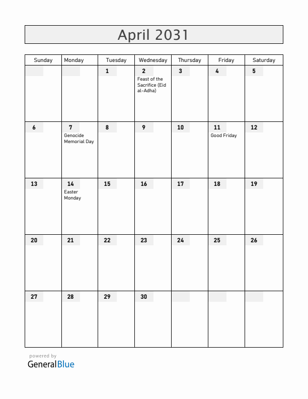 Rwanda April 2031 Calendar with Holidays