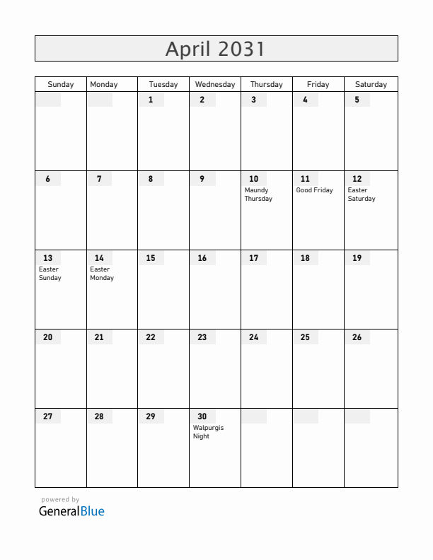 Sweden April 2031 Calendar with Holidays