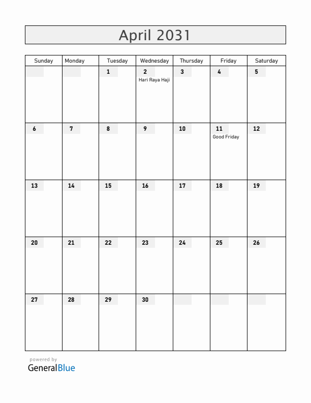 Singapore April 2031 Calendar with Holidays