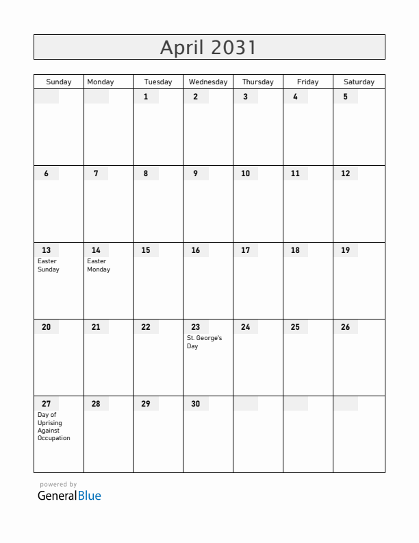 Slovenia April 2031 Calendar with Holidays