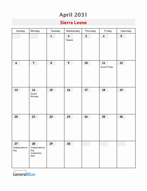 Sierra Leone April 2031 Calendar with Holidays