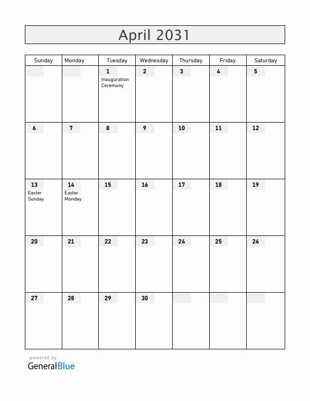 San Marino April 2031 Calendar with Holidays
