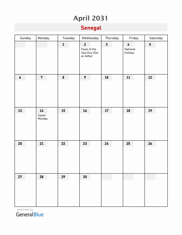 Senegal April 2031 Calendar with Holidays