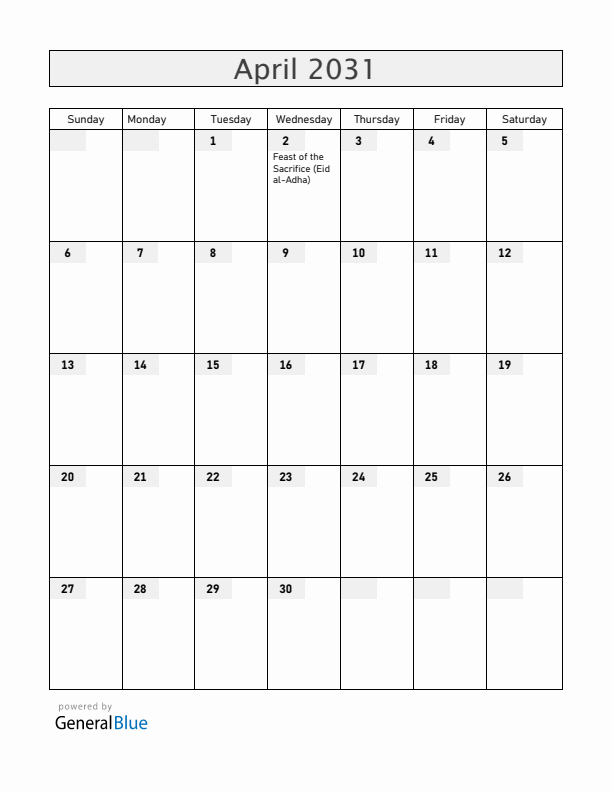 Somalia April 2031 Calendar with Holidays