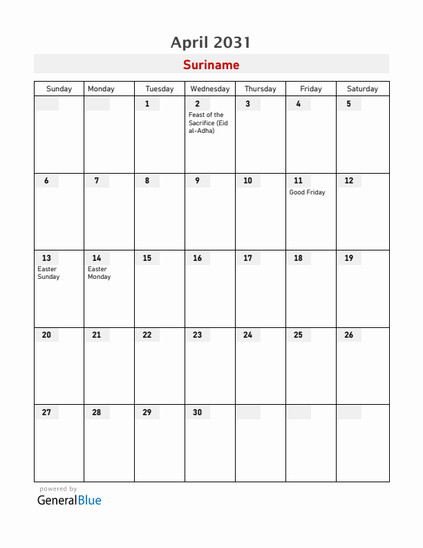 Suriname April 2031 Calendar with Holidays
