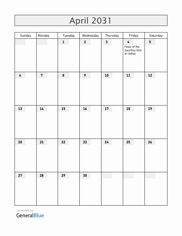 South Sudan April 2031 Calendar with Holidays