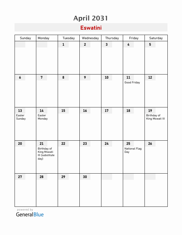 Eswatini April 2031 Calendar with Holidays