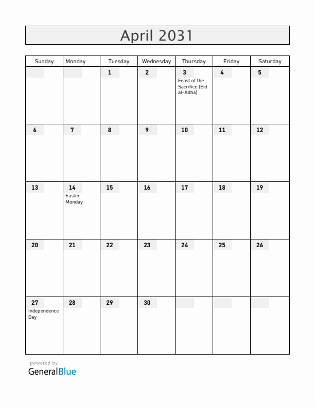 Togo April 2031 Calendar with Holidays
