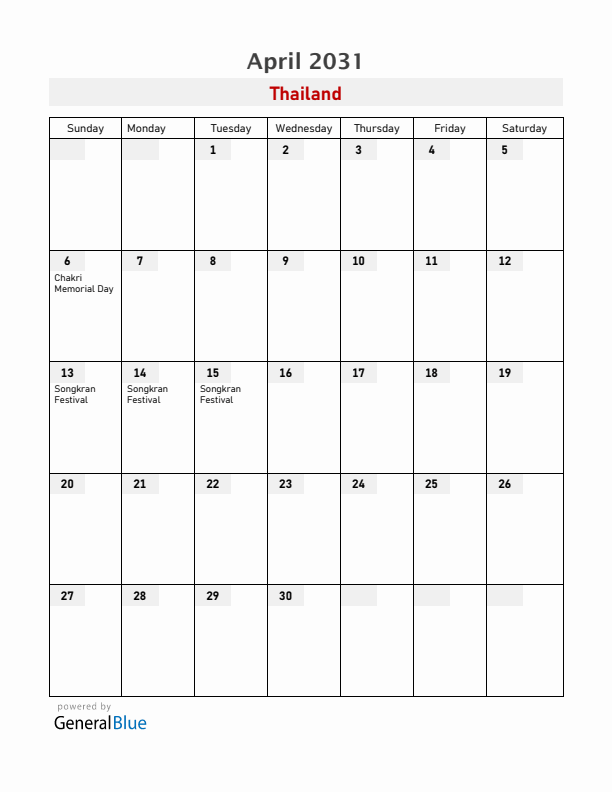 Thailand April 2031 Calendar with Holidays