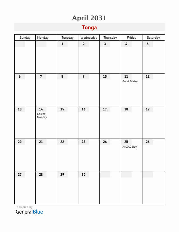 Tonga April 2031 Calendar with Holidays