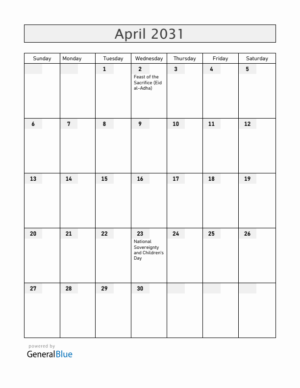 Turkey April 2031 Calendar with Holidays
