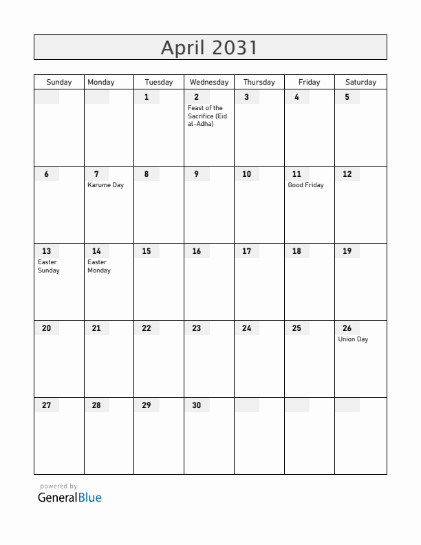 Tanzania April 2031 Calendar with Holidays