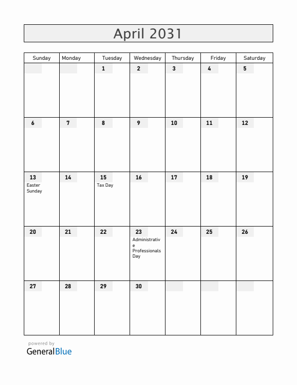 United States April 2031 Calendar with Holidays