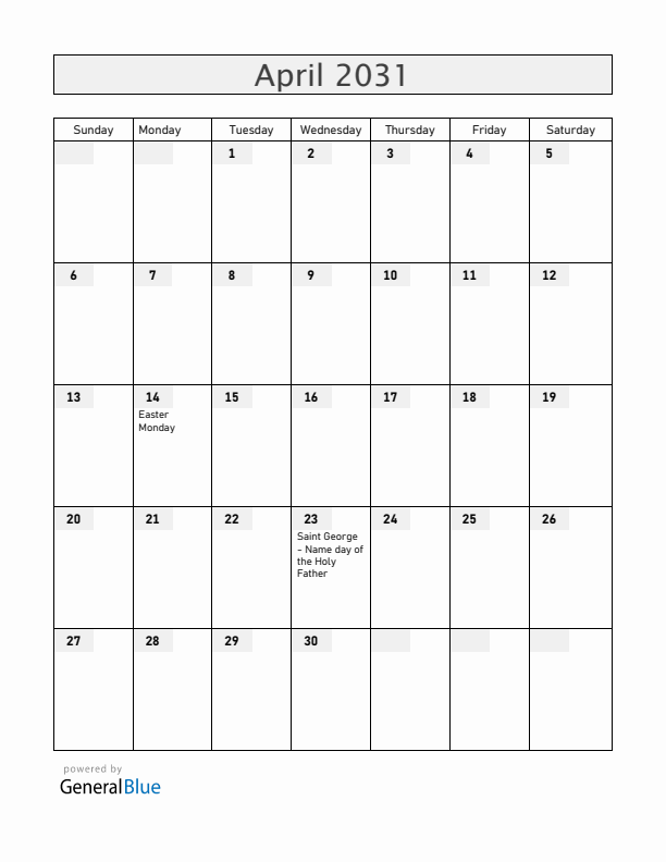 Vatican April 2031 Calendar with Holidays