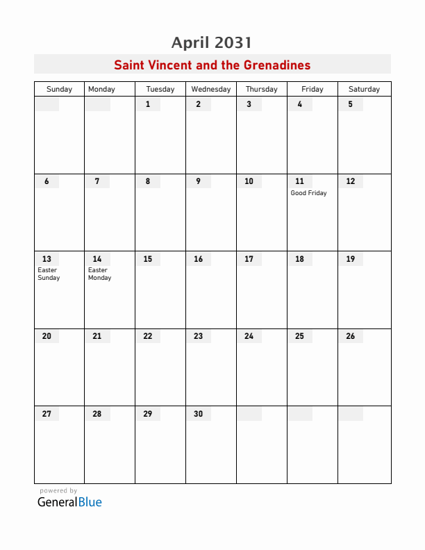 Saint Vincent and the Grenadines April 2031 Calendar with Holidays