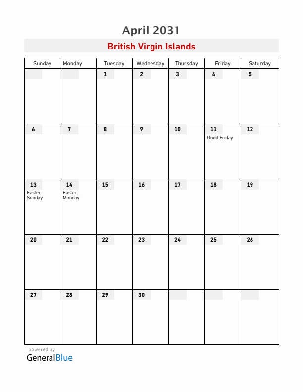 British Virgin Islands April 2031 Calendar with Holidays