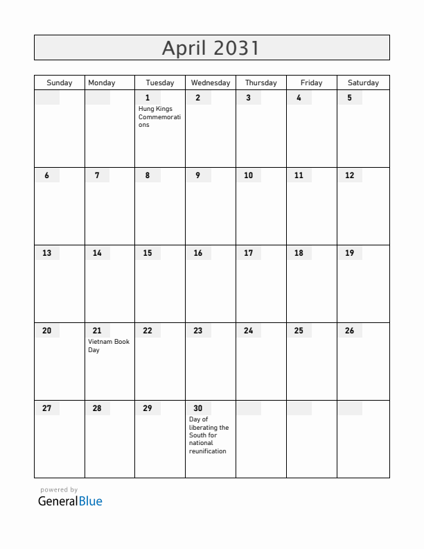 Vietnam April 2031 Calendar with Holidays