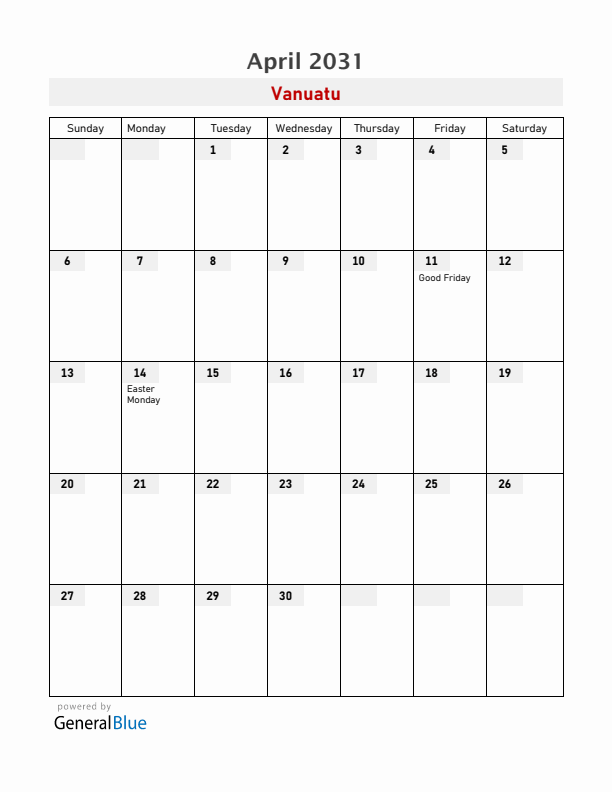 Vanuatu April 2031 Calendar with Holidays