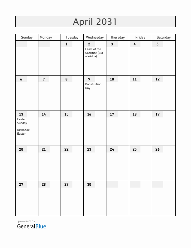 Kosovo April 2031 Calendar with Holidays