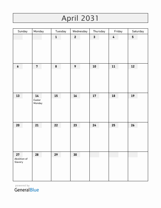 Mayotte April 2031 Calendar with Holidays