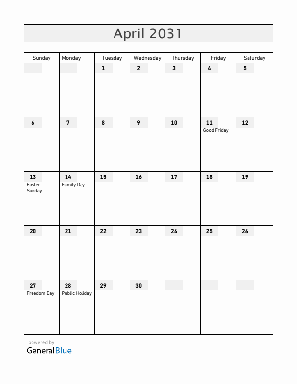 South Africa April 2031 Calendar with Holidays
