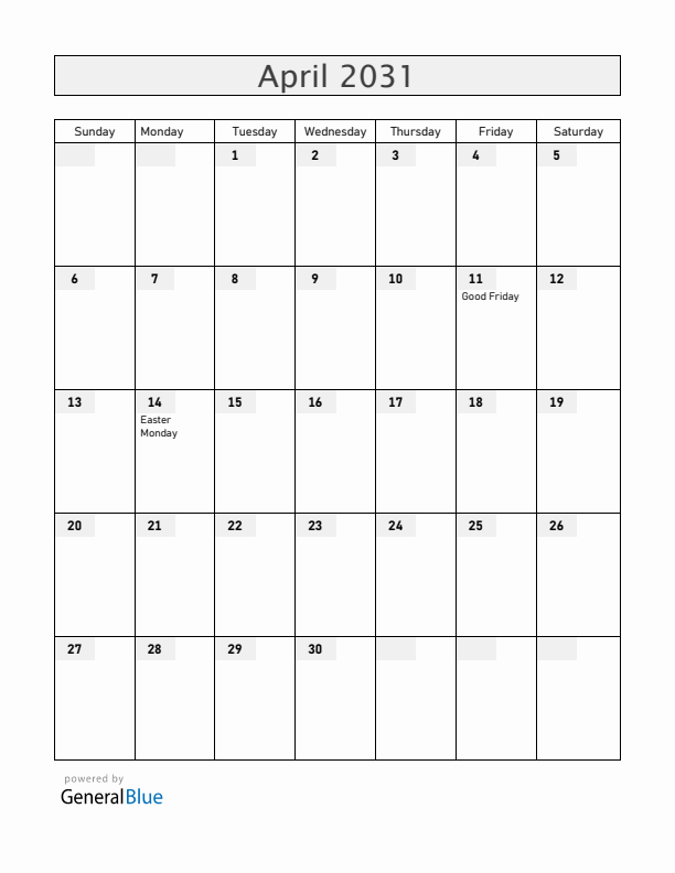 Zambia April 2031 Calendar with Holidays