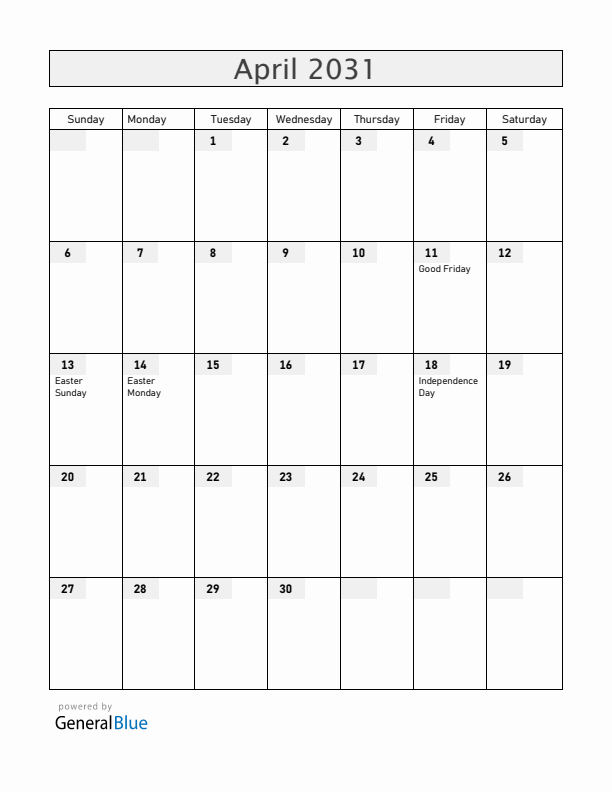 Zimbabwe April 2031 Calendar with Holidays