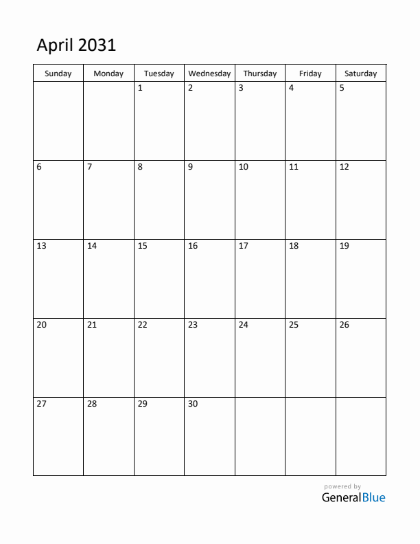 Sunday Start Calendar for April 2031