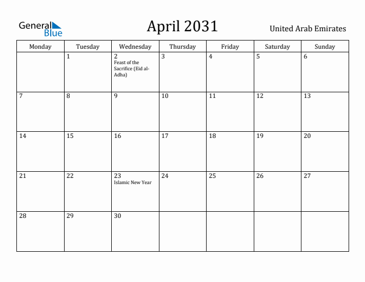 April 2031 Calendar United Arab Emirates