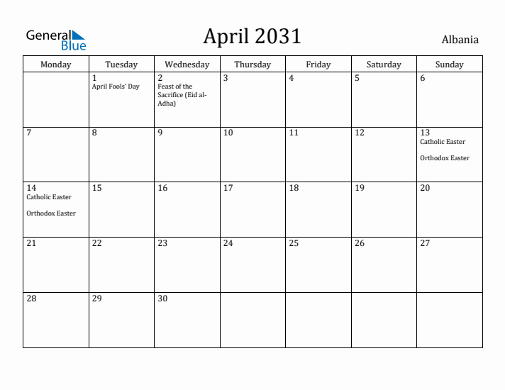 April 2031 Calendar Albania