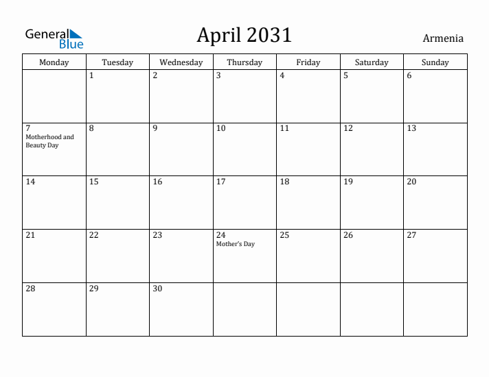 April 2031 Calendar Armenia