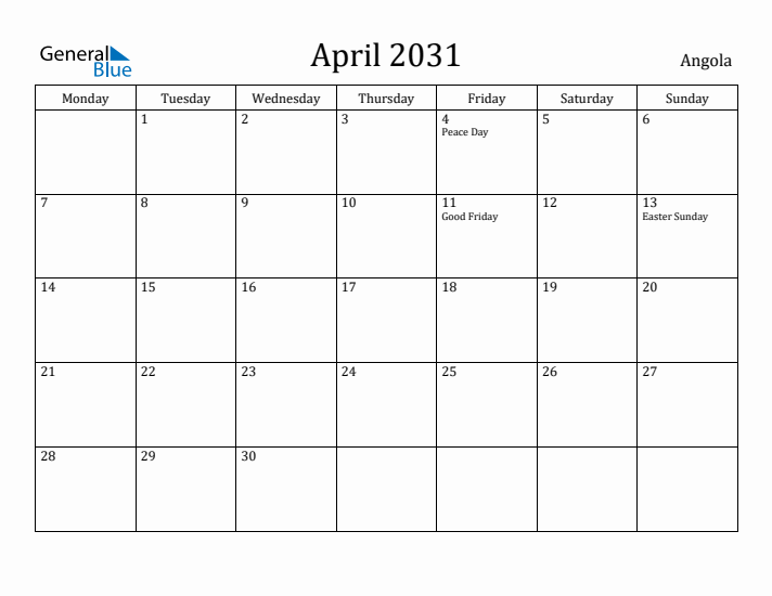 April 2031 Calendar Angola