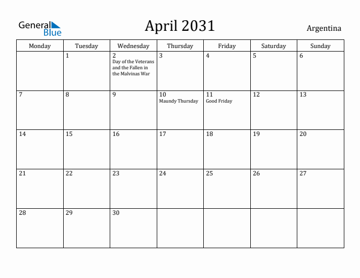 April 2031 Calendar Argentina