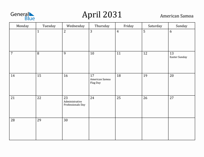 April 2031 Calendar American Samoa