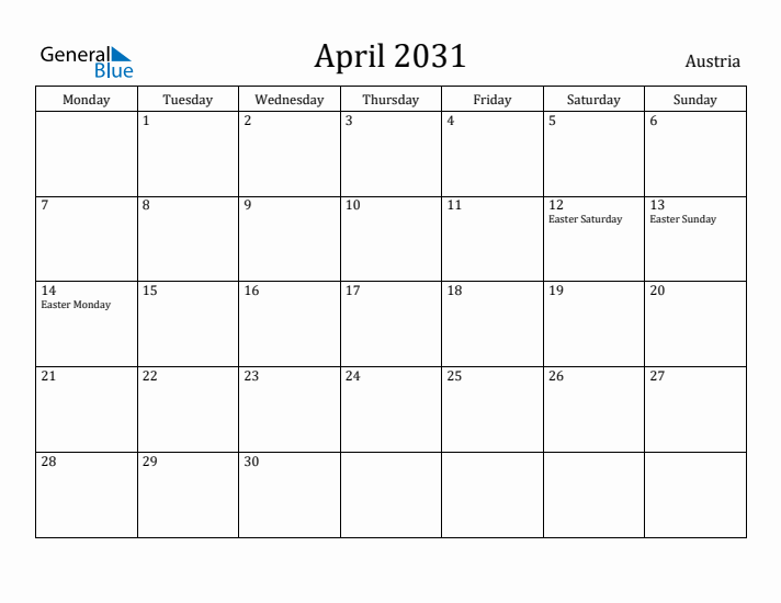 April 2031 Calendar Austria