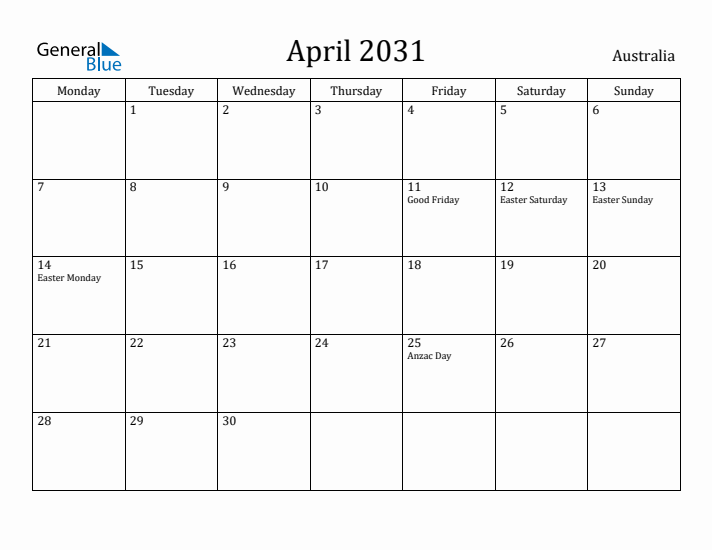 April 2031 Calendar Australia
