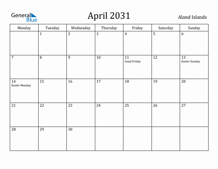 April 2031 Calendar Aland Islands