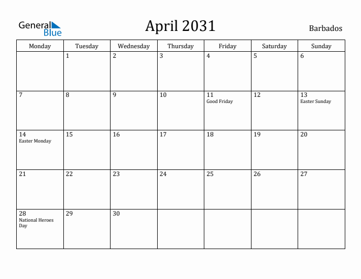April 2031 Calendar Barbados