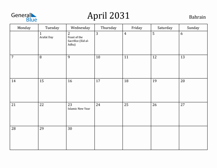 April 2031 Calendar Bahrain