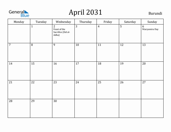 April 2031 Calendar Burundi