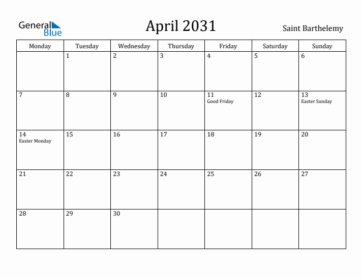 April 2031 Calendar Saint Barthelemy
