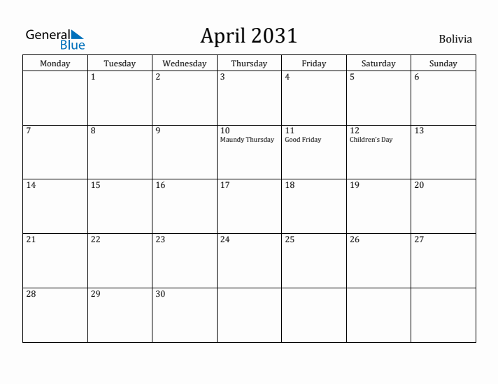April 2031 Calendar Bolivia