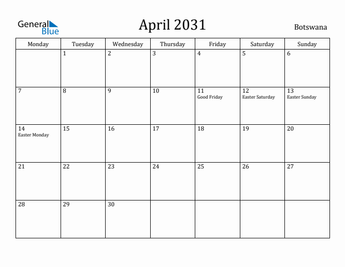 April 2031 Calendar Botswana