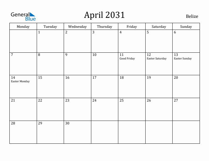 April 2031 Calendar Belize