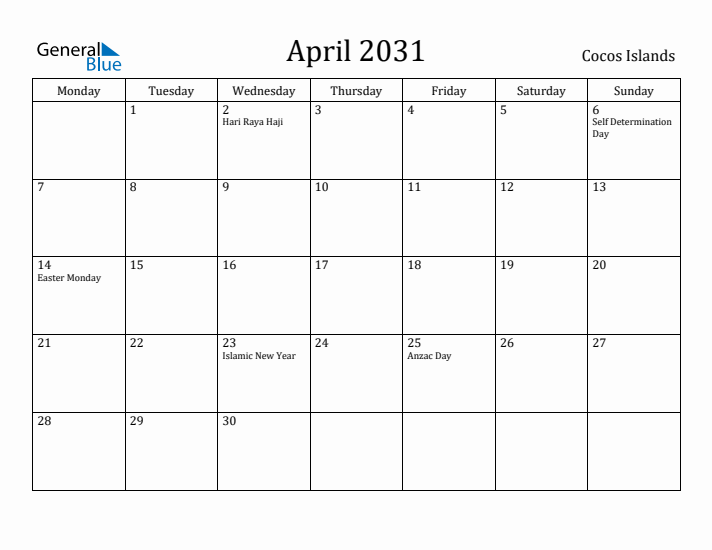 April 2031 Calendar Cocos Islands