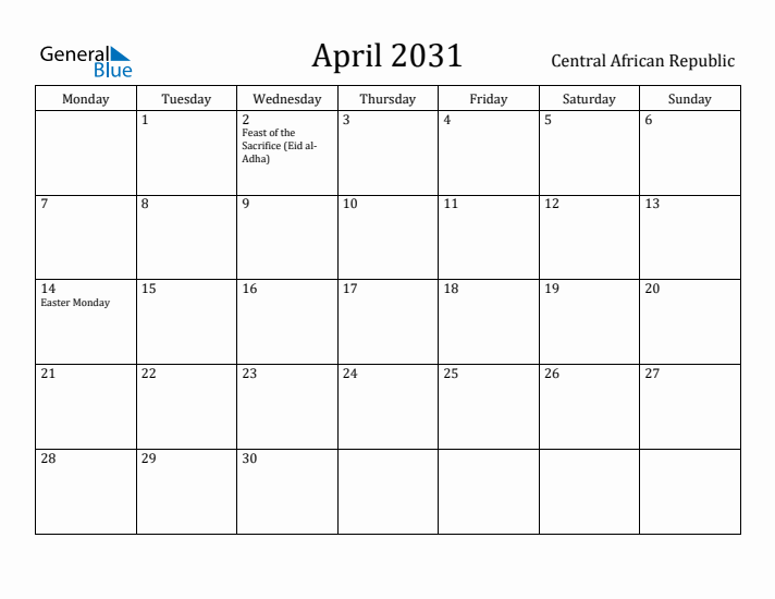 April 2031 Calendar Central African Republic