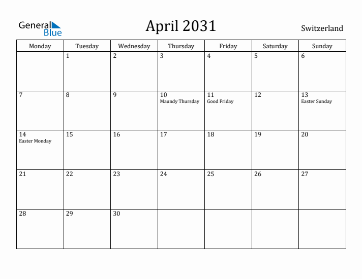 April 2031 Calendar Switzerland