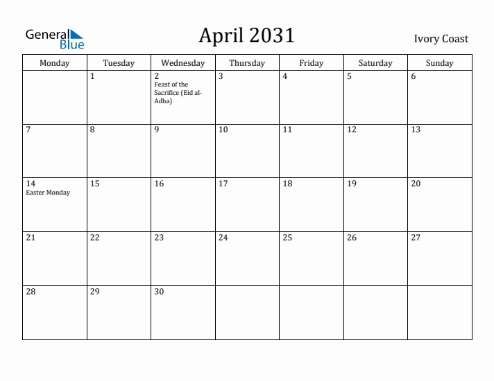 April 2031 Calendar Ivory Coast