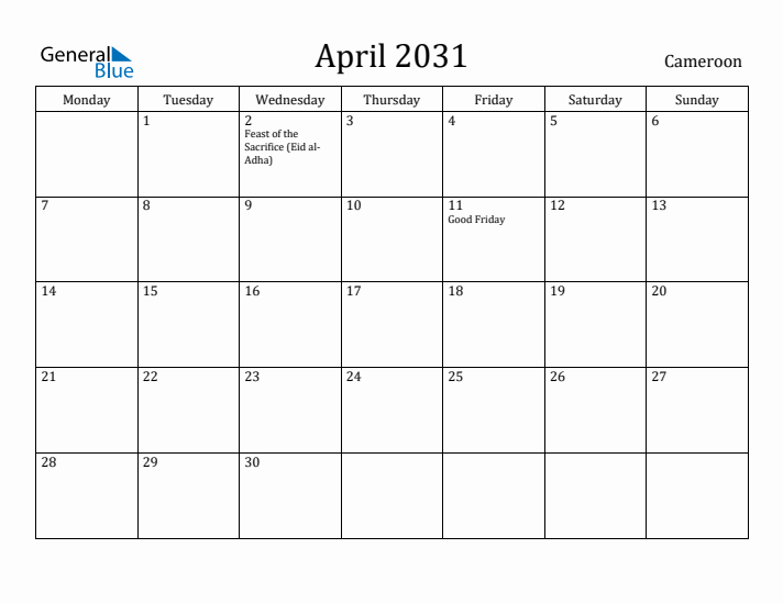 April 2031 Calendar Cameroon