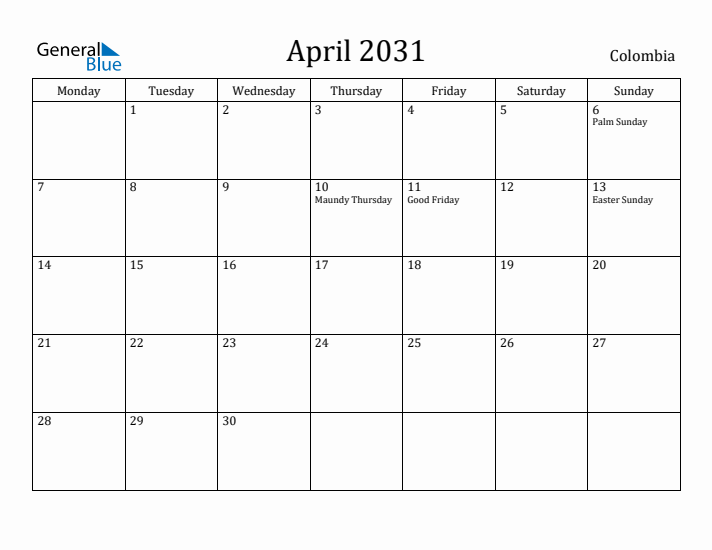 April 2031 Calendar Colombia